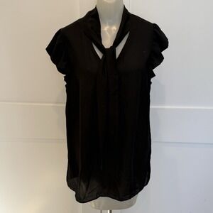 Minna Womens Tie-Neck Flutter Sleeve Solid Black Top Size XL